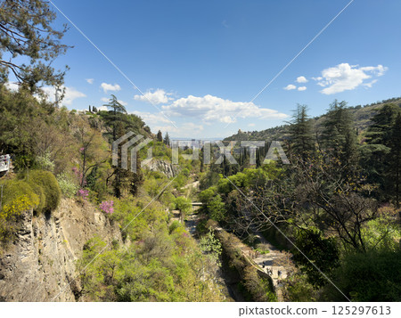 Lush green valley with walking path, rocky cliffs, blooming trees and scenic forested hills under blue sky in spring landscape view of Tbilisi, Georgia Lush green valley with walking path, rocky cliffs, blooming trees and scenic forested hills under blue sky in spring landscape view of Tbilisi, Georgia 125297613