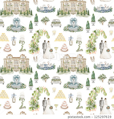 Wedding seamless Watercolor pattern newlyweds, estate, swans, champagne, fountain, convertible Wedding seamless Watercolor pattern newlyweds, estate, swans, champagne, fountain, convertible 125297619