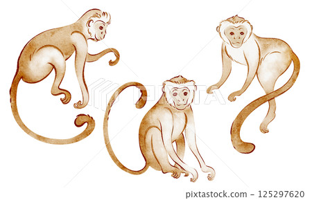 Collection of hand drawn macaque monkeys in watercolor. Set of wild animals, primates, and tropical creatures. Perfect for safari-themed decor, stickers, or nursery illustrations. Collection of hand drawn macaque monkeys in watercolor. Set of wild animals, primates, and tropical creatures. Perfect for safari-themed decor, stickers, or nursery illustrations. 125297620