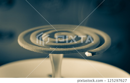 Burning mosquito coil, a summer tradition, swirl, insect repellent, summer 125297627