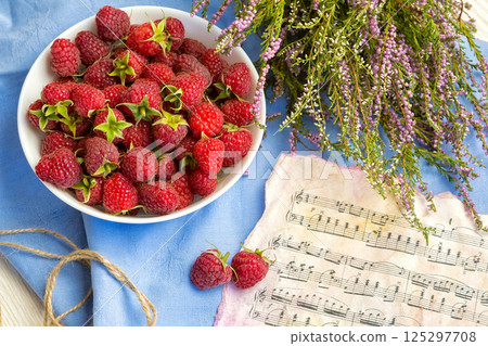 berries of a raspberry, breakfast, good morning, good mood, raspberry and notes 125297708