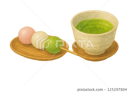茶杯中的三種餃子和綠茶的水彩插圖（食物和食材） 125297804