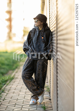 young woman stands casually against a textured wall wearing a comfortable outfit. Sunlight illuminates the scene as she enjoys the urban surroundings in the late afternoon. 125297825