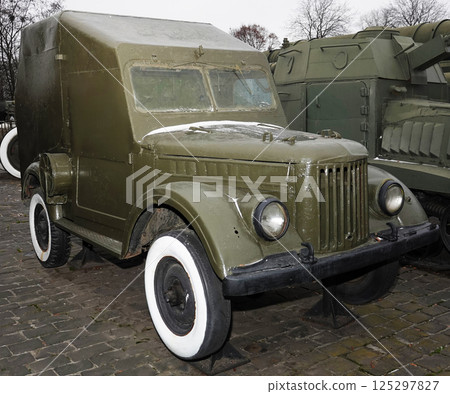 Kiev, Ukraine December 10, 2020: Anti-tank missile system on the GAZ-69 chassis at the Museum of Military Equipment for all to see Kiev, Ukraine December 10, 2020: Anti-tank missile system on the GAZ-69 chassis at the Museum of Military Equipment for all to see 125297827