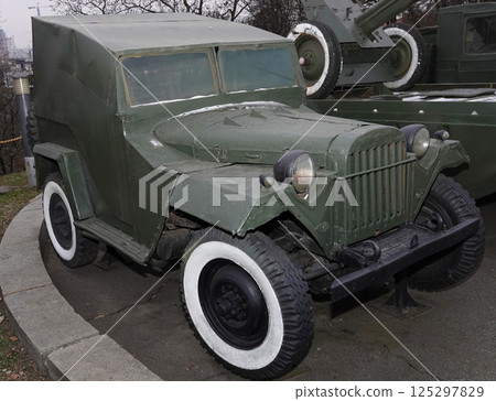 Kiev, Ukraine December 10, 2020: GAZ-67 car in the museum of military equipment for public viewing Kiev, Ukraine December 10, 2020: GAZ-67 car in the museum of military equipment for public viewing 125297829
