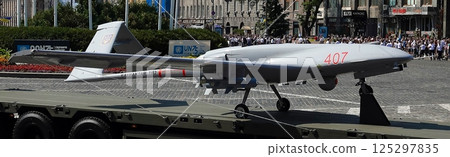 Kyiv, Ukraine August 24, 2021: Bayraktar TB-2 strike complex at the celebration of 30 years of independence of Ukraine 125297835