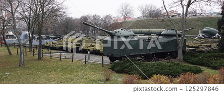Kiev, Ukraine December 10, 2020: An armored car of an armored train (Layout) in the Museum of military equipment for public viewing 125297846