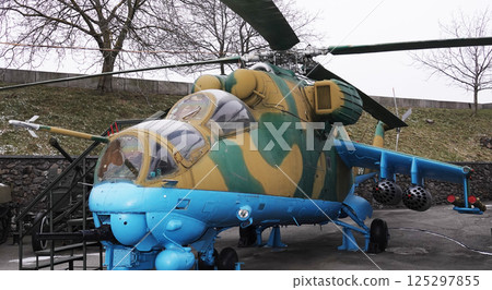 Kiev, Ukraine December 10, 2020: Military helicopter MI-24V in the museum of military equipment for all to see 125297855