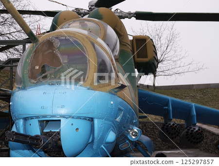 Kiev, Ukraine December 10, 2020: Military helicopter MI-24V in the museum of military equipment for all to see Kiev, Ukraine December 10, 2020: Military helicopter MI-24V in the museum of military equipment for all to see 125297857