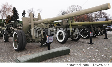 Kiev, Ukraine December 10, 2020: A-19 corps cannon, caliber 122 mm, at the Museum of Military Equipment for public viewing 125297883