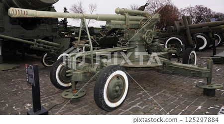 Kiev, Ukraine December 10, 2020: Anti-aircraft gun 52-K caliber 85 mm in the Museum of military equipment for all to see Kiev, Ukraine December 10, 2020: Anti-aircraft gun 52-K caliber 85 mm in the Museum of military equipment for all to see 125297884