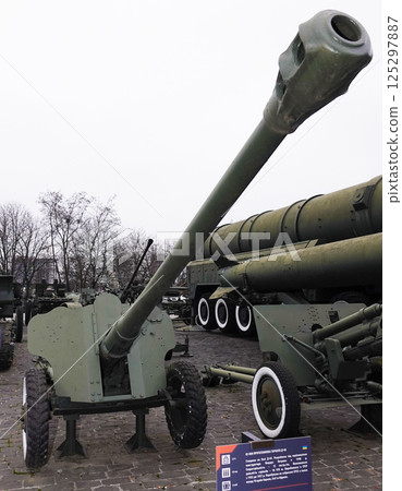 Kiev, Ukraine December 10, 2020: Anti-tank gun D-48 caliber 85 mm in the Museum of military equipment for all to see 125297887