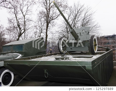 Kiev, Ukraine December 10, 2020: Anti-tank gun M-42 caliber 45mm in the Museum of military equipment for all to see 125297889