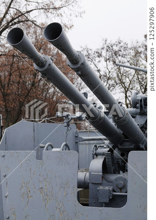 Kiev, Ukraine December 10, 2020: B-11 37-mm double-barreled anti-aircraft gun mount at the Museum of Military Equipment for all to see 125297906