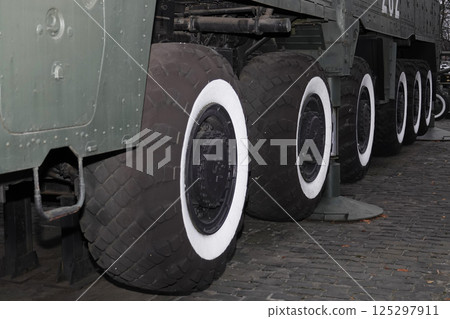 Kyiv, Ukraine December 10, 2020: Transport and launcher on the MAZ-547A chassis of the Pioneer medium-range missile system in the museum of military equipment for public viewing Kyiv, Ukraine December 10, 2020: Transport and launcher on the MAZ-547A chassis of the Pioneer medium-range missile system in the museum of military equipment for public viewing 125297911