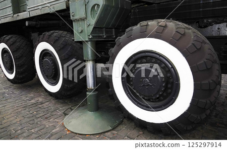 Kyiv, Ukraine December 10, 2020: Transport and launcher on the MAZ-547A chassis of the Pioneer medium-range missile system in the museum of military equipment for public viewing Kyiv, Ukraine December 10, 2020: Transport and launcher on the MAZ-547A chassis of the Pioneer medium-range missile system in the museum of military equipment for public viewing 125297914