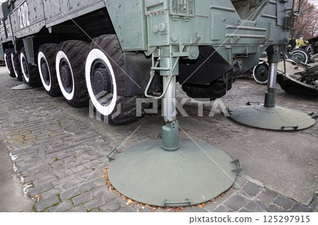 Kyiv, Ukraine December 10, 2020: Transport and launcher on the MAZ-547A chassis of the Pioneer medium-range missile system in the museum of military equipment for public viewing Kyiv, Ukraine December 10, 2020: Transport and launcher on the MAZ-547A chassis of the Pioneer medium-range missile system in the museum of military equipment for public viewing 125297915