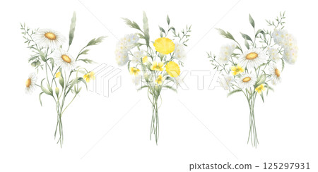 Bouquets floral of watercolor wildflowers chamomile, dandelion, yarrow, buttercup and meadow grasses isolated from background. Hand drawn illustration set of yellow white flowers for fabric, postcard Bouquets floral of watercolor wildflowers chamomile, dandelion, yarrow, buttercup and meadow grasses isolated from background. Hand drawn illustration set of yellow white flowers for fabric, postcard 125297931