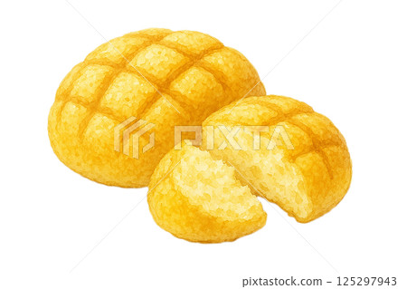 Watercolor illustration of melon bread (with cross section, freshly baked, white background) 125297943