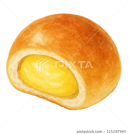Watercolor illustration of cream bun (cross section, white background, sweets material) 125297945