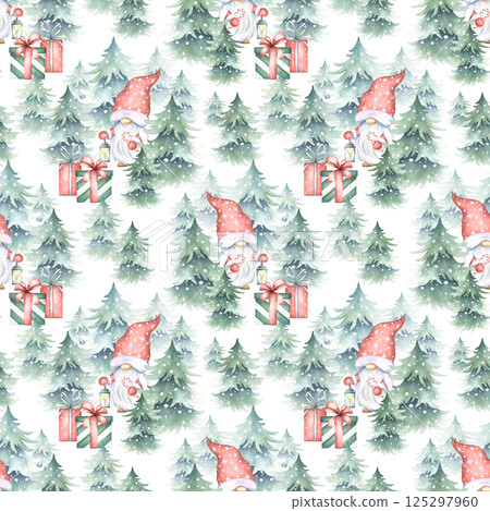 Christmas seamless pattern with gnome with lantern, spruces snow-covered and gift boxes bow tied. Watercolor illustration isolated from background for New Year festive packaging and fabric print Christmas seamless pattern with gnome with lantern, spruces snow-covered and gift boxes bow tied. Watercolor illustration isolated from background for New Year festive packaging and fabric print 125297960
