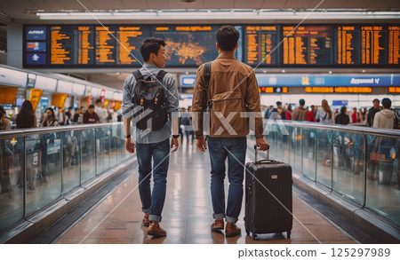 Two men walking through an airport with their luggage. Scene is that of travelers, possibly on a trip or returning home 125297989