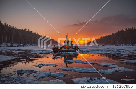 Boat is floating on a lake with the sun setting in the background. The sky is orange and the water is frozen Boat is floating on a lake with the sun setting in the background. The sky is orange and the water is frozen 125297990