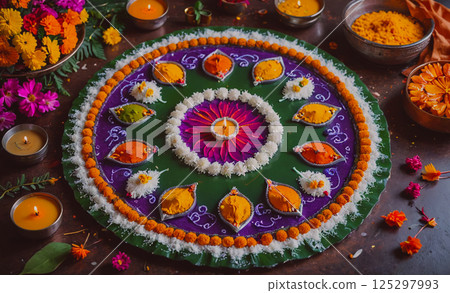 Colorful, multi-colored, and intricate design made of rice and other materials. The design is surrounded by candles and other decorations 125297993