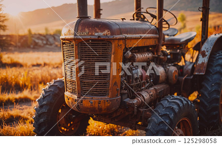 An old rusty tractor is parked in a field. The tractor is old and rusted, and it is surrounded by a dry, dusty field. The sun is setting in the background, casting a warm glow over the scene 125298058