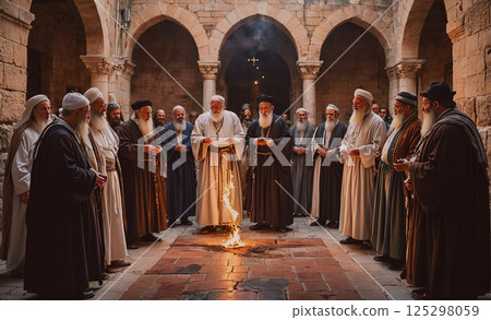 Group of men in robes stand around a fire. The men are wearing long robes and appear to be religious figures 125298059