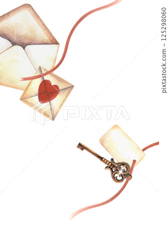 Vintage stationery, old love letters with old key and paper tag vertical frame Retro watercolor template with paper envelopes. Perfect for romantic themes, spring floral postcard, greeting card, decor 125298060