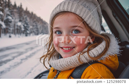Young girl wearing a white hat and a yellow jacket is smiling in a car. The scene is set in a snowy environment, and the girl appears to be enjoying her time 125298078
