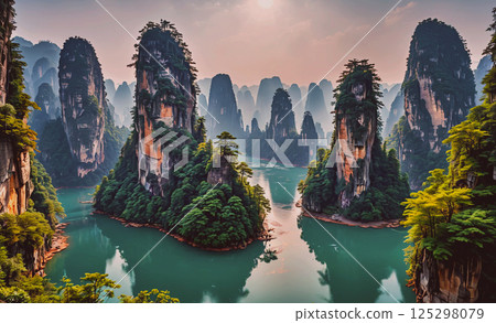 Beautiful landscape with a river running through it. The water is green and the mountains are in the background 125298079