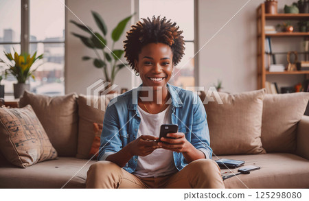 Woman is sitting on a couch with a cell phone in her hand. She is smiling and she is happy 125298080