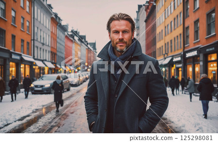 Man in a black coat stands on a snowy street in front of a row of buildings. He is wearing a scarf and he is posing for a photo. There are several other people walking around the area 125298081