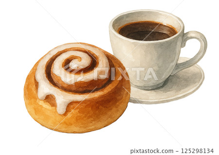 肉桂捲和咖啡(食物)的水彩插圖 肉桂捲和咖啡(食物)的水彩插圖 125298134