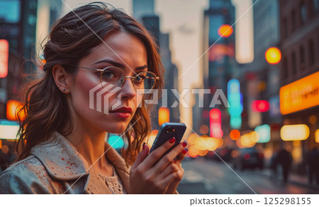Woman is holding a cell phone in a city street. She is wearing glasses and has red hair. The city is lit up with neon signs and the woman is looking at her phone Woman is holding a cell phone in a city street. She is wearing glasses and has red hair. The city is lit up with neon signs and the woman is looking at her phone 125298155