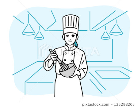 A female chef mixing with a whisk 125298203