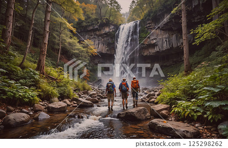 Three people are walking along a river, with a waterfall in the background. Scene is peaceful and serene, as the group enjoys the natural beauty of the area 125298262