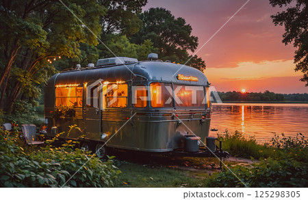 Silver camper is parked by a lake at sunset. The sun is setting in the background, casting a warm glow over the scene. The camper is surrounded by trees and grass, creating a peaceful and serene 125298305