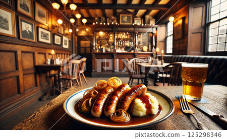 Bangers and mash, a traditional British pub dish 125298346