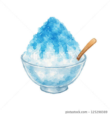 藍色夏威夷刨冰(食物和糖果)的水彩插圖 藍色夏威夷刨冰(食物和糖果)的水彩插圖 125298389