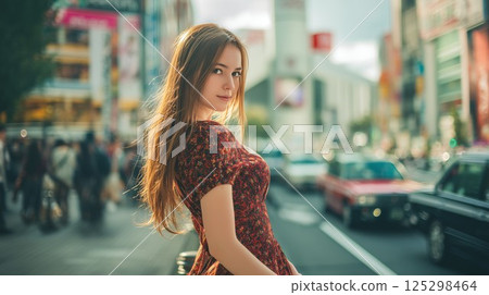 Beautiful woman portrait with city background Beautiful woman portrait with city background 125298464