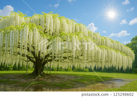 藍天襯托下美麗新鮮的白色紫藤花 125298602