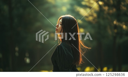 有著森林背景的美麗的女人肖像 125298636