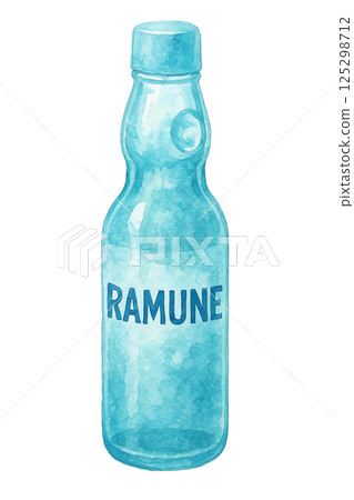 Watercolor illustration of a Ramune bottle with a logo 125298712