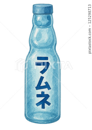 Watercolor illustration of a Ramune bottle with a Katakana logo 125298713