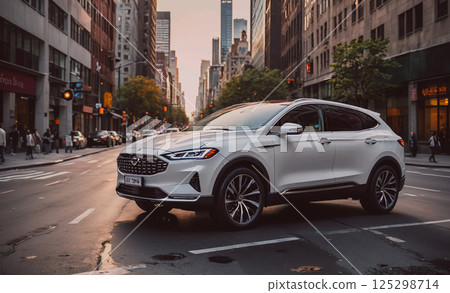 White car is driving down a city street. The car is parked on the side of the road 125298714