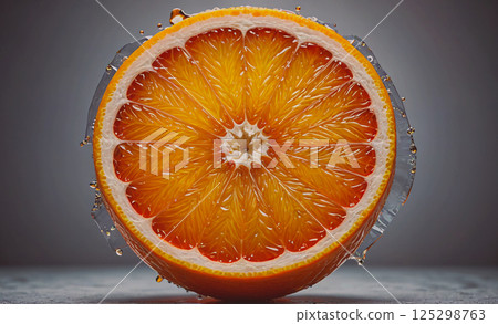 Close up of a slice of orange with a drop of water on it. The orange is cut in half and the water droplet is on the top of the slice 125298763