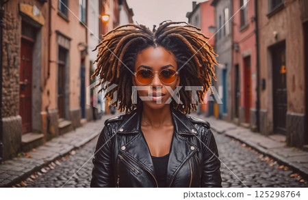 Woman with dreadlocks and sunglasses stands on a cobblestone street. She is wearing a black leather jacket and a pair of sunglasses 125298764